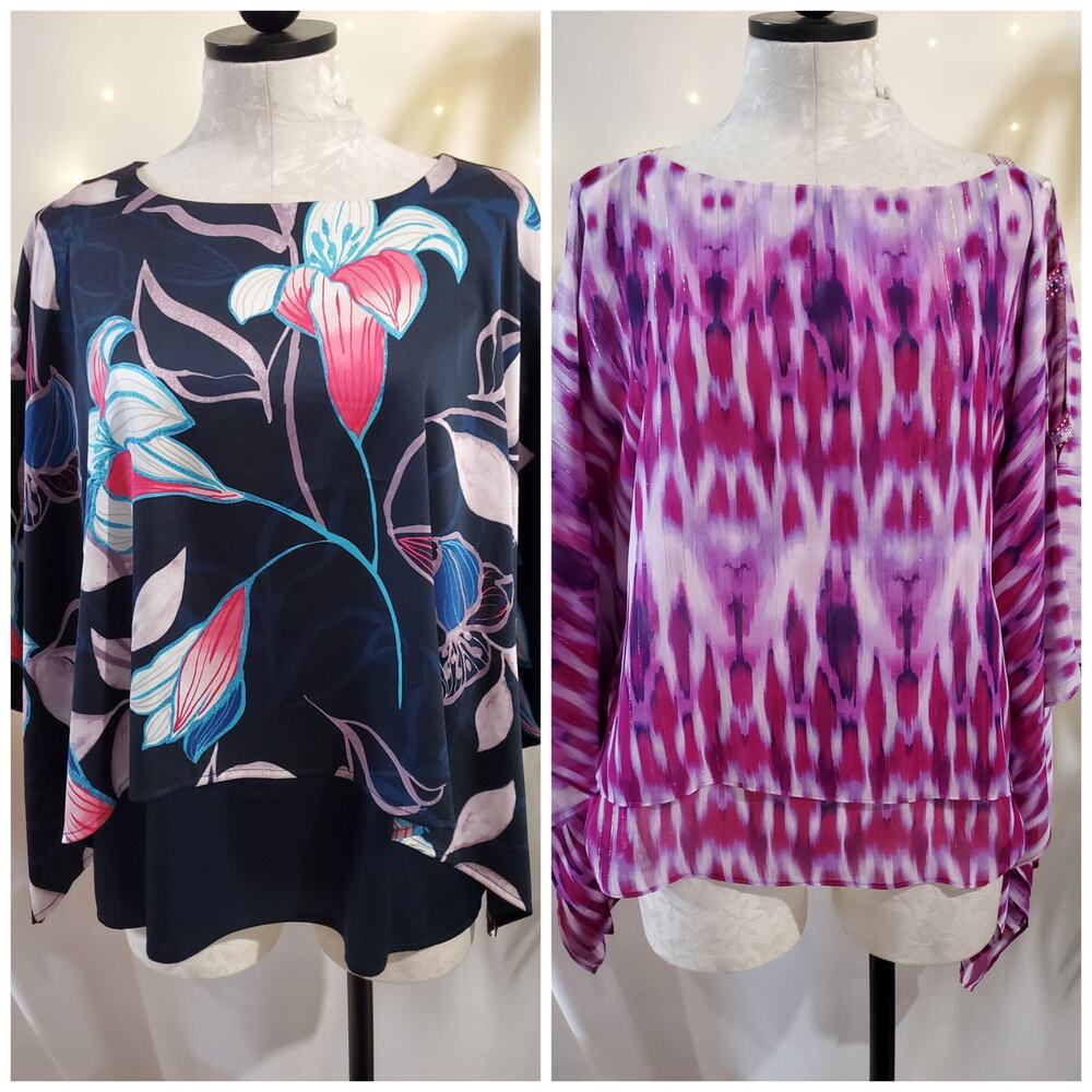 Chicos Womens Lot of 2 Travelers Collection Poncho Tops Size 8/10 M Floral Ikat